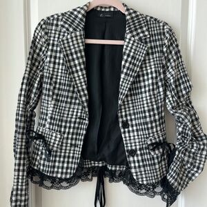 Trebor Black & White Gingham Blazer with Lace Trim and Ribbon Details